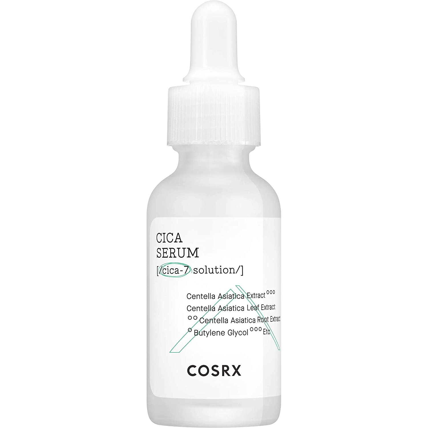 White frosted glass dropper bottle of soothing cica serum with minimal black and green text design on white background