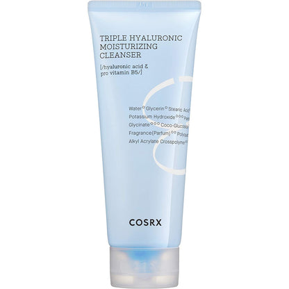 Light blue tube of moisturizing cleanser with simple black text highlighting hydration ingredients on white background