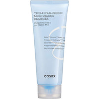 Light blue tube of hydrating triple hyaluronic acid cleanser with moisturizing formula on plain background