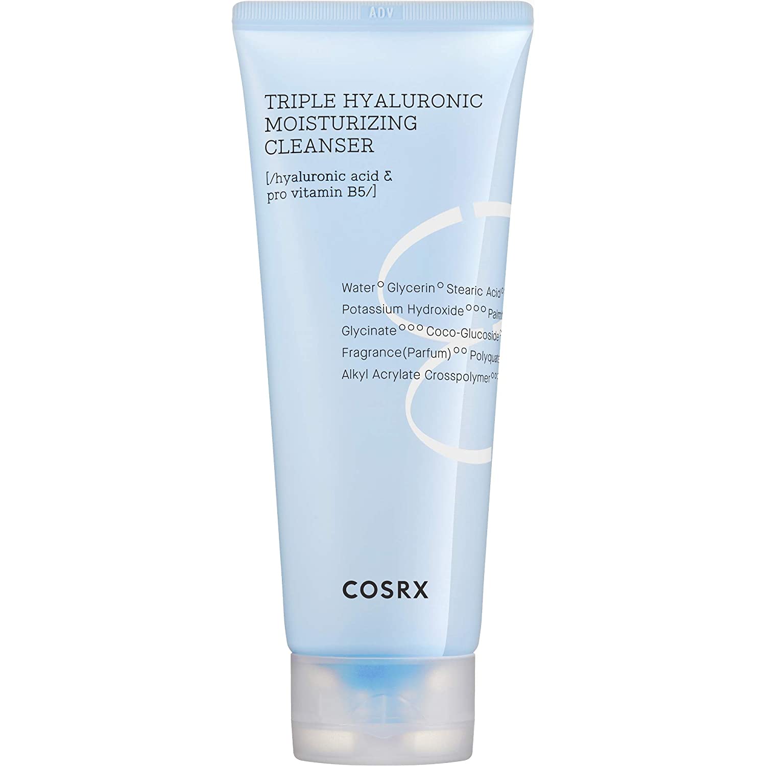 Light blue tube of hydrating triple hyaluronic acid cleanser with moisturizing formula on plain background