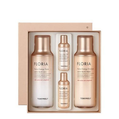Luxury rose gold and beige skincare set featuring toner, emulsion, and two smaller bottles for enhanced hydration benefits