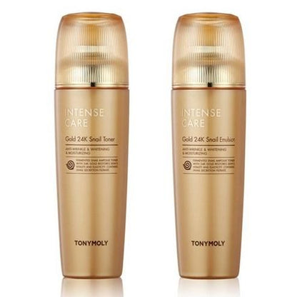 Two gold-toned bottles of Intense Care skincare set highlighting moisturizing and anti-wrinkle benefits