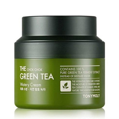Green tea moisture cream jar in olive green with black lid highlighting hydration and green tea extract benefits