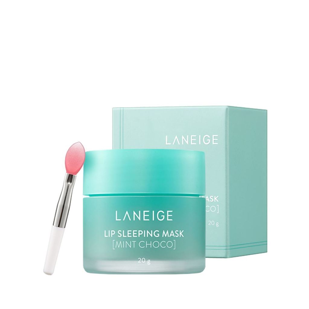 LANEIGE Lip Sleeping Mask Mint Choco 20g in a frosted jar with matching box and pink spatula applicator for deep moisture care
