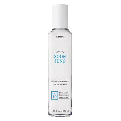 ETUDE HOUSE SoonJung 10 Free Moist Emulsion 130ml in clear bottle delivering hydration boost for sensitive skin care