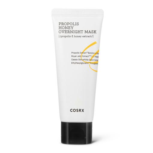 White tube of soothing overnight mask with black cap and honey-related text on plain white background