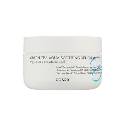 White jar of hydrating gel cream featuring green tea and pro vitamin B5 with soothing skin benefits