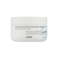 White jar of Hydrium Moisture Power Enriched Cream featuring minimal black text and subtle blue design accents on label