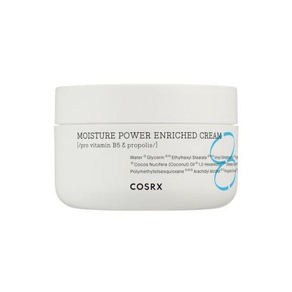 White jar of Hydrium Moisture Power Enriched Cream featuring minimal black text and subtle blue design accents on label