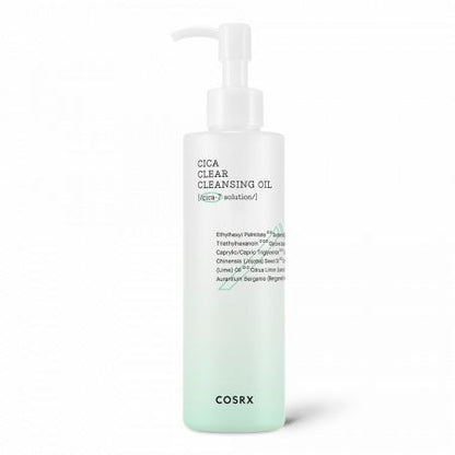 Tall frosted bottle of cleansing oil with white pump top featuring soft green gradient and minimal black text design