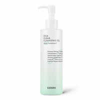 Tall frosted bottle of cleansing oil with pump dispenser and soft gradient from white to pale green background