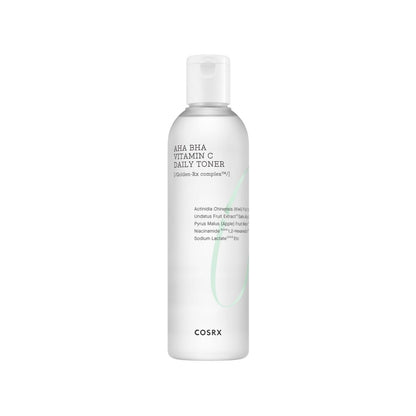 Transparent bottle of refreshing toner with subtle green lettering highlighting AHA BHA and vitamin C formula for smooth complexion