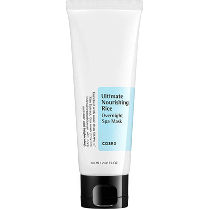 White tube of moisturizing overnight spa mask with light blue label and black flip cap on white background