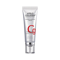 Silver tube of power plumping collagen cream with clear pump cap, emphasizing firmness boost benefits