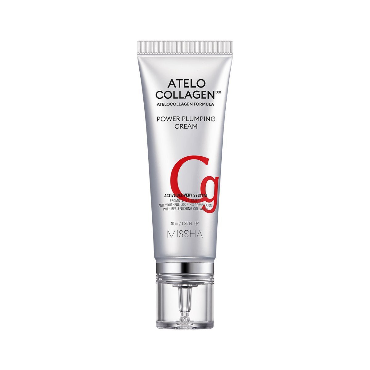 Silver tube of Atelo Collagen power plumping cream with firming boost in sleek pump packaging on white background