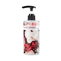 Clear bottle of body wash with floral label featuring red and white flowers and pump dispenser on white background