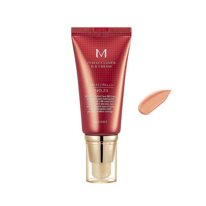 Red squeeze tube of multifunctional BB cream with SPF 42 and beige cream swatch on white background