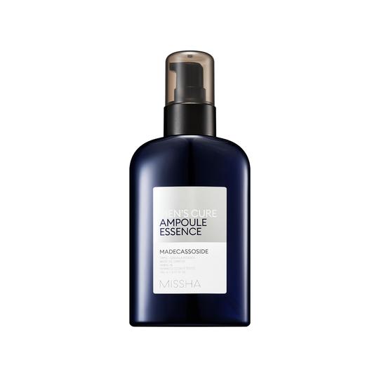 Dark blue pump bottle of men's ampoule essence with wrinkle improvement benefits on white background