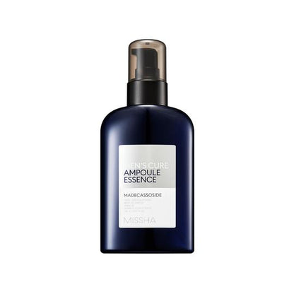 Dark blue pump bottle of men's ampoule essence with wrinkle improvement benefits on white background