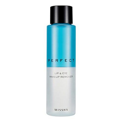 Blue and frosted bottle of lip and eye makeup remover with black cap on white background