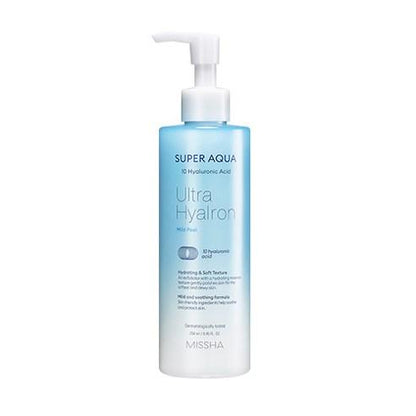 Blue and white pump bottle of hydrating mild peel with hyaluronic acid for gentle exfoliation and soft skin