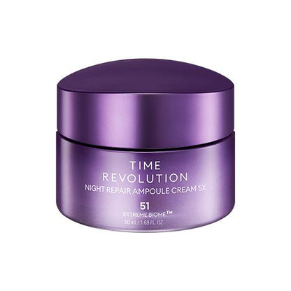 Purple jar of night repair cream with anti-aging benefits and moisturizing formula on white background