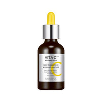 Brown glass dropper bottle with silver cap containing brightening spot correcting and firming serum