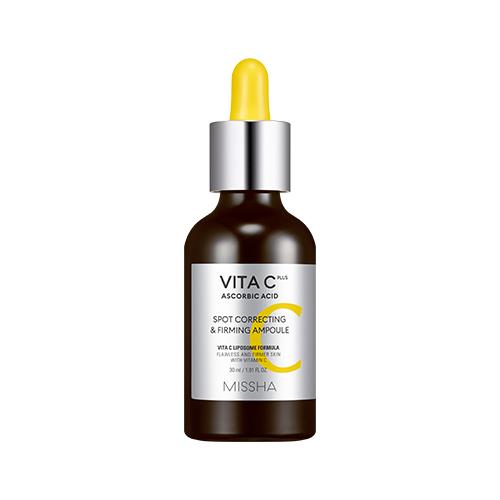 Brown glass dropper bottle with silver cap containing brightening spot correcting and firming serum