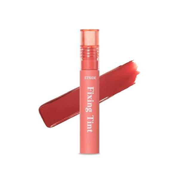 ETUDE HOUSE Fixing Tint 4g #02 Vintage Red with a creamy textured swatch showing long-lasting wear benefits