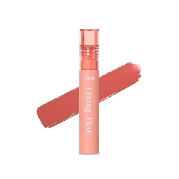 ETUDE HOUSE Fixing Tint 4g #03 Mellow Peach in slim coral tube with long-lasting wear and smooth tint swatch behind