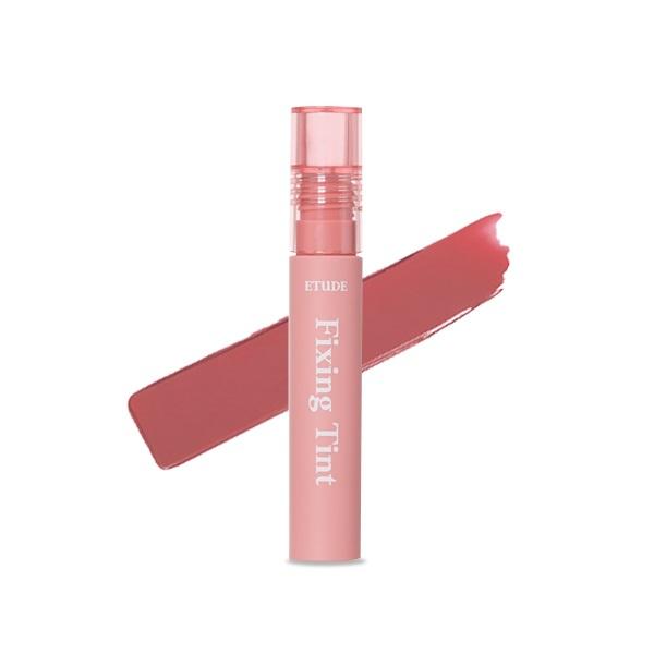 ETUDE HOUSE Fixing Tint 4g #05 Midnight Mauve with long-lasting wear in soft mauve pink tube and swatch background