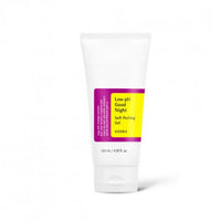 White tube of low pH soft peeling gel with bright yellow and purple label for gentle exfoliation on white surface
