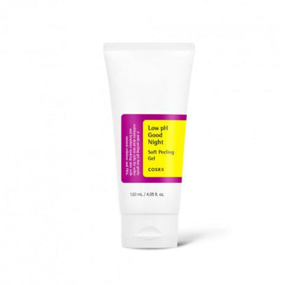 White tube of gentle exfoliating soft peeling gel with bright yellow and purple label on plain white background