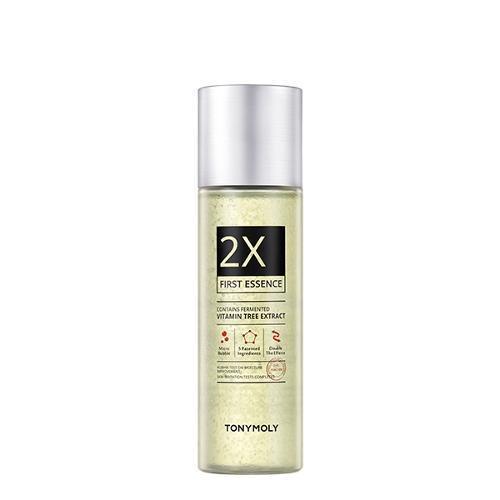 Clear bottle of 2X First Essence with silver cap featuring fermented vitamin tree extract for enhanced hydration