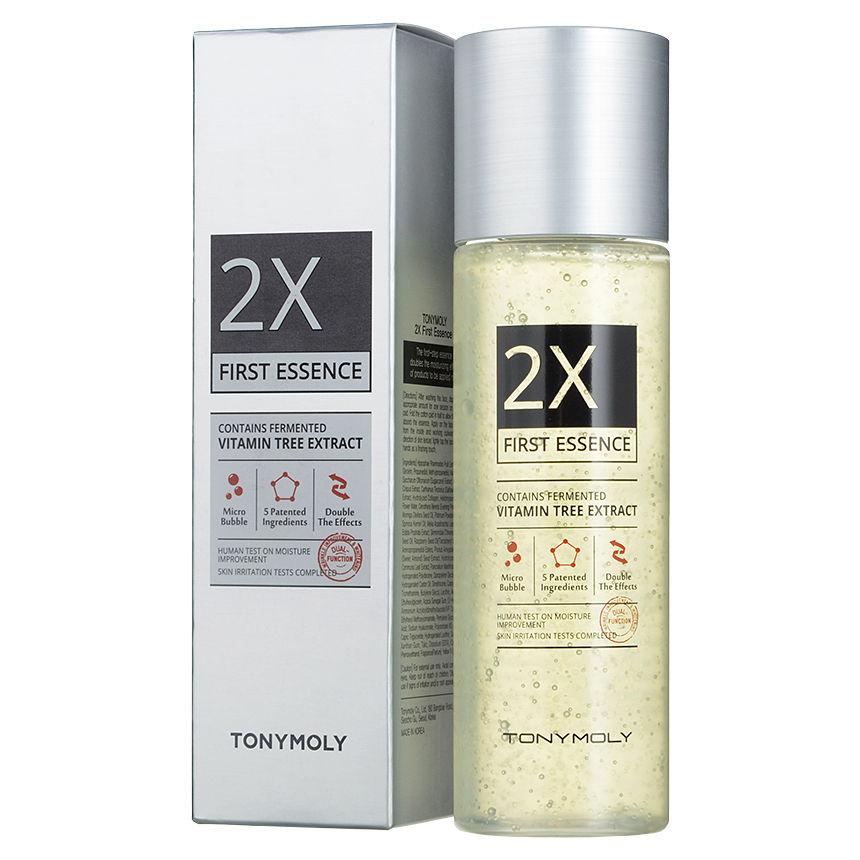 Clear essence bottle with silver cap and micro bubbles, next to matching white box highlighting hydration benefits