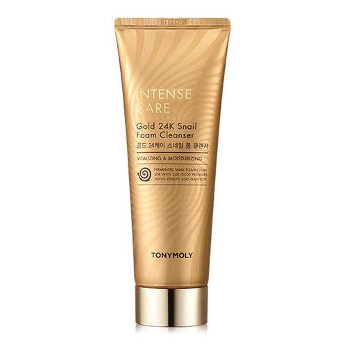 Gold-toned tube of gentle snail foam cleanser with moisturizing properties on a white background