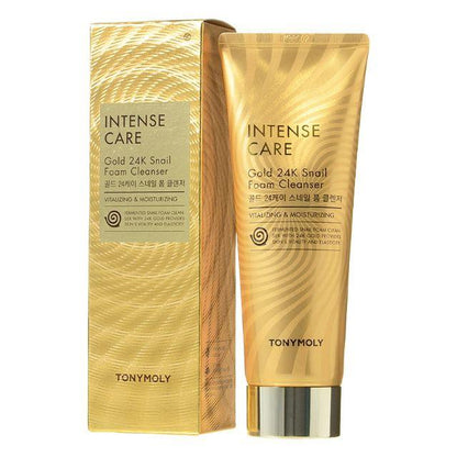 Golden tube and matching box of Intense Care foam cleanser with snail extract and moisturizing benefits on white background