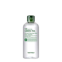 Clear bottle of gentle green tea cleansing water with green cap and minimalist text on white background