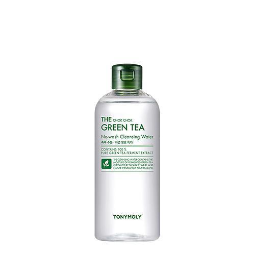Clear bottle of green tea cleansing water with green cap emphasizing gentle, no-wash formula and pure green tea extract benefits