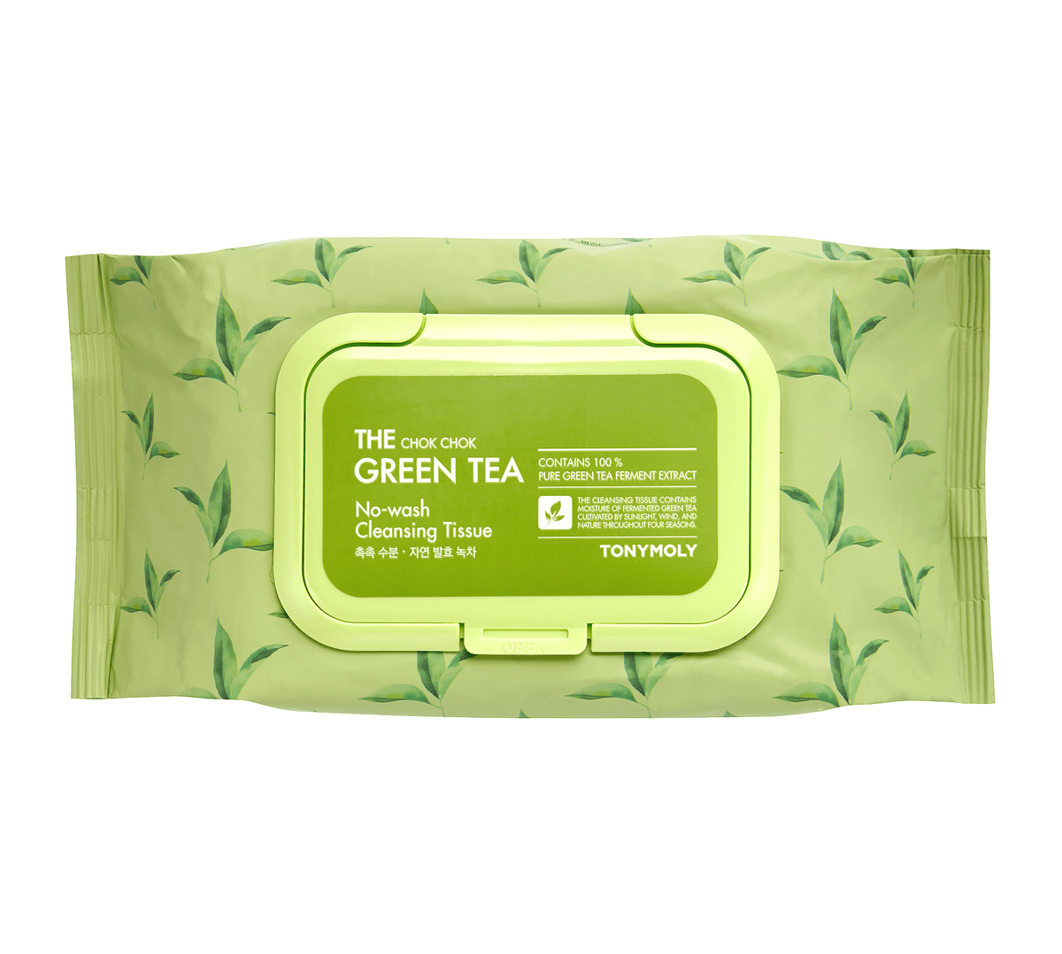 Green tea patterned package of no-wash cleansing tissues with resealable lid highlighting effortless cleansing benefits