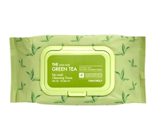 Light green packet of no-wash cleansing tissues with green tea leaf pattern and resealable plastic lid for easy access