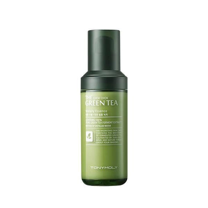 Green tea essence in green pump bottle emphasizing antioxidant protection and hydrating skincare benefits
