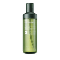 Tall green translucent bottle of hydrating green tea skincare with dark green cap and subtle text details