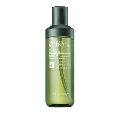 Minimalist green translucent bottle of hydrating green tea skincare with leafy design and dark green cap on white background