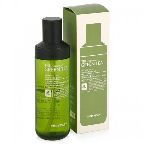 Green tea skincare bottle in translucent green with black cap next to matching green and white box packaging