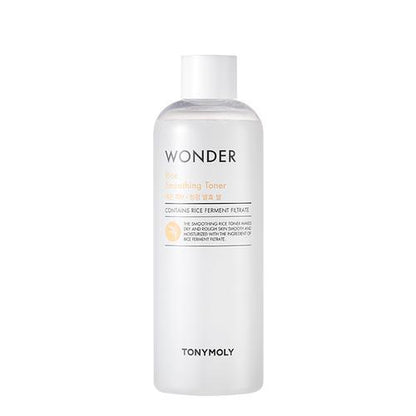 Clear white bottle of Wonder Rice Smoothing Toner providing deep hydration for smooth, refreshed skin