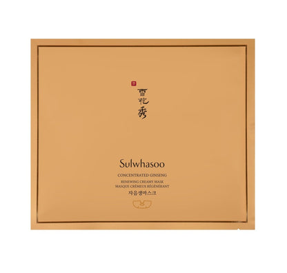 Light brown sachet of Sulwhasoo ginseng renewing creamy mask emphasizing hydration boost benefits