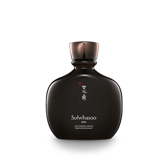 Matte dark brown rounded bottle of recharging serum with metallic bronze cap emphasizing hydration boost for men