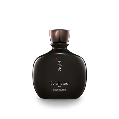 Matte dark brown rounded bottle of recharging serum with metallic bronze cap emphasizing hydration boost for men