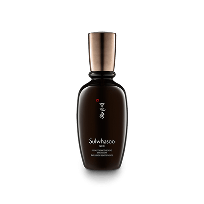 Dark brown bottle of Sulwhasoo emulsion for men with bronze cap emphasizing skin barrier strengthening benefits